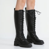 Knee High Boots - Fashionable Platform Boots with Chunky Block Heel, Convenient Zipper Closure and Adjustable Lace Up Fastening - Designed for Women, Versatile Style to Match Any Outfit, Knight-Inspired Boot Style
