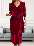 Plus Size Ruched Velvet Dress - Elegant Surplice Neck, Flattering Silhouette, Comfortable Women's Clothing for Special Occasions