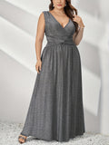 Plus Size Sparkling V-neck Formal Dress - Elegant Sleeveless A-line Ball Gown for Party, Banquet, and Special Occasions, Women's Plus Size Clothing with Glamorous Details