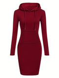 Zjkrl  -  Womens Casual Chic Hooded Dress with Kangaroo Pocket - Adjustable Drawstring - Cozy Long Sleeves - Solid Color - Perfect for Everyday Wear