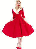 Vintage Inspired Midi Dress - Soft Fuzzy Spandex V Neck Party Dress for Women - Winter Solid Color Knit Fabric Pendulum Style with Micro Elasticity