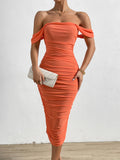 Elegant Off-The-Shoulder Ruched Bodycon Dress - High-Elasticity, Skin-Tight, Solid-Colored, Knit Fabric, Hand-Washable, Perfect for Party, Banquet, and Vacation - Womens All-Season Clothing
