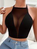 Sexy Seamless Halter Neck Mesh Ribbed Cami Vest Top - Ultra Breathable, Stretchy, and Comfortable - Perfect for Women's Lingerie, Underwear, and Loungewear