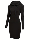Zjkrl  -  Womens Casual Chic Hooded Dress with Kangaroo Pocket - Adjustable Drawstring - Cozy Long Sleeves - Solid Color - Perfect for Everyday Wear