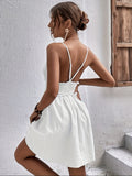 Chic V Neck Backless Cami Dress with Flattering Shirred Waist - Delicate Frill Trim, Sleeveless Spaghetti Strap - Perfect for Spring & Summer Day to Night Style - Womens Clothing
