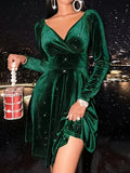 Women's Solid Velvet Surplice Neck Long Sleeve Dress, Casual Cinched Waist Fashion Clothing for Ladies
