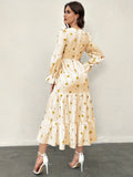 Elegant Women's Floral Print A-line Dress, Long Sleeve Square Neck Ruffle Hem Dress for Spring & Fall