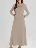 Elegant Long Sleeve Maxi Fit and Flare Dress with Pockets - Soft High Elasticity Polyester Fabric, Solid Color, Cowl Neck, Comfortable for All Seasons - Womens Everyday Wear