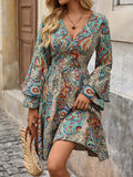 Vibrant Paisley Print V Neck A-Line Dress - Women's Elegant Vacation Dresses with Layered Sleeves