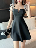 For Spring & Summer, Elegant Mesh Floral Pattern Dress, Puff Sleeve Ruffle Hem Aline Women's Clothing