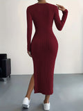 Zjkrl  -  Long Sleeve Bodycon Ribbed Knit Dress - Sexy Crew Neck Split Thigh Slim Fit with Mid Elasticity - Machine Washable Polyester Fabric for Fall/Winter Season