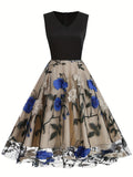 Adult Women's All-Season Vintage Floral Print Embroidered V-Neck Polyester Blouse Dress