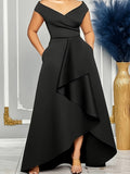 Plus Size Elegant V-Neck Asymmetrical Ruffle Dress - Soft Polyester Knit Fabric with Slight Stretch, Solid Color, All-Season Style, Flattering Fit, Comfortable Wear, Easy Care, and Versatile Occasion Wear