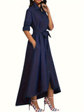 Stylish Tie Waist A-Line Shirt Dress - Elegant Long Sleeve, Button Front, Fall & Winter Essential - Comfortable, Versatile, and Chic Women's Clothing for Everyday Wear