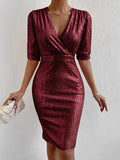 Glitzy Sequin Evening Dress - Flattering V Neck, Half Sleeves, Side Split - Glamorous Party & Clubwear for Women