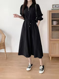 Stylish Solid Color Tie Waist Midi Dress - Women's Long Sleeve Pocket Dress for Spring & Fall - Korean Inspired, Zip Up Collared, Comfortable and Versatile Clothing for Ladies