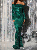 Mother of the Bride Mermaid Dress - Elegant Off Shoulder Graphic Pattern Bodycon Dress for Party, Banquet, and Special Occasions, Slim Fitting, Women's Formal Clothing