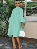 Plus Size Button Front Solid Dress, Elegant Mock Neck Ruffle Cuff 3/4 Sleeve Dress, Women's Plus Size Clothing