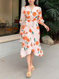Stunning Floral Print Wrap Dress - Elegant Surplice Neckline, Ruffled Hem, Lantern Sleeves, Flowy Silhouette, Comfortable Wear, Women's Clothing