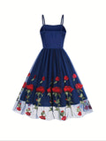 Vintage-Inspired Fitted Cocktail Dress - Elegant Spaghetti Strap, Floral Embroidery, Knit Fabric, Mesh Overlay, 100% Polyester, All-Season Wear, Embroidered, Fitted Silhouette, Comfortable, Party-Perfect - Ideal for Women's F