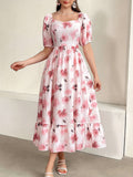 Charming Floral Print Square Neck Aline Dress - Flirty Short Sleeves with Ruffle Trim, Timeless Style for Spring & Summer - Feminine, Elegant Womens Clothing