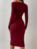 Bodycon Midi Dress - Elegant Square Neck, Long Sleeve, Ribbed Solid Color, Perfect for Spring and Fall, Women's Clothing