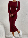 Elegant Long Sleeve Crew Neck Dress - Versatile Ribbed Knit with Split Hem, Perfect for Women in Fall & Winter