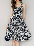 Knee-Length Elegant Floral Sleeveless Midi Dress - V-Neck Ruffle Hem Polyester Perfect for Spring/Fall Occasions