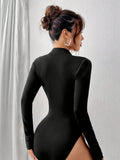 Slim-Fit Women's Bodysuit - Elegant Solid Color Zip-Up, Stretchy Polyester & Spandex Blend, Machine Washable