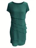 Layered Trim Crew Neck Dress, Elegant Short Sleeve Dress For Spring & Summer, Women's Clothing