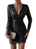 All-Season Glam: Elegant Sequined V-Neck Bodycon Dress with Comfort-Fit Elasticity & Stylish Ruched Details