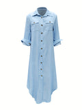 Solid Button Front Shirt Dress, Casual Long Sleeve Maxi Dress, Women's Clothing