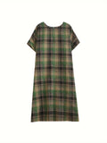 Zjkrl  -  Plus Size Retro Chic Lounge Dress - Soft Plaid Print, Short Sleeve, Crew Neck, Pockets, Comfortable Nightdress for Relaxation