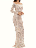 Mother of the Bride Mermaid Dress - Elegant Off Shoulder Graphic Pattern Bodycon Dress for Party, Banquet, and Special Occasions, Slim Fitting, Women's Formal Clothing