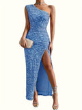Glamorous Sequined One-Shoulder Gown - Thigh-High Slit, Tailored Fit - Ideal for Parties & Galas