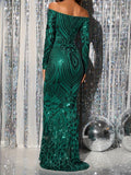 Mother of the Bride Mermaid Dress - Elegant Off Shoulder Graphic Pattern Bodycon Dress for Party, Banquet, and Special Occasions, Slim Fitting, Women's Formal Clothing
