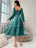 Flattering Argyle Print Midi Dress with Shirred Detail - Timeless Elegance for Parties - Long Sleeve, Chic Style - Perfect Womens Clothing for Special Occasions