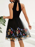 Elegant Women's Floral Pattern Halter Neck A-line Dress, Sleeveless Cut Out Design, Perfect for Various Occasions
