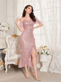Elegant Off-Shoulder Sequin Dress with Ruffle Hem and Asymmetrical Split - Polyester, V-Neck, Mid-Length for Women