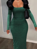 Zjkrl  -  Squared Neck Solid Maxi Dress, Casual Long Sleeve Bodycon Dress, Women's Clothing