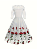 Vintage Chic Rose Embroidered Cocktail Dress - Fitted, Crew Neck, Tea-Length, 100% Polyester Knit Fabric, Elegant 50s Style, All-Season Wear, Embroidery Floral Pattern, High-Quality Stitching, Comfortable Fit, Ideal for Forma