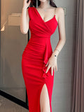 Stunning Asymmetric Backless Dress - Solid Chain Detail, Sleeveless, Split Thigh, Elegant Party Dress for Women - Perfect for Formal Occasions, Night Out, Clubbing, and Special Events