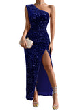 Glamorous Sequined One-Shoulder Gown - Thigh-High Slit, Tailored Fit - Ideal for Parties & Galas