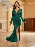 Long Sleeve Sequin Ruched Mermaid Bodycon Dress - Elegant V-Neck Plunging Split Evening Gown for Women - Hand Washable, Micro Elastic, Solid Color, Customized, All-Season Party & Banquet Outfit