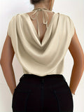 Elegant Micro Elasticity Crew Neck Blouse - Soft Polyester Draped Tie Back Shirt for Spring & Summer - Womens Solid Color Short Sleeve Shirting with Elegant Style