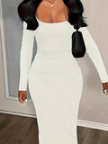Long Sleeve Solid Casual Maxi Dress, Simple Scoop Neck Dress for Women