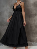 Sequined Deep V-neck Halter Dress, Elegant Smocked Aline Dress For Party & Banquet, Women's Clothing