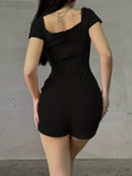 Cozy Ribbed Knit Romper Jumpsuit - Soft Casual Short Sleeve Square Neck Design, Comfortable Women's Clothing for Everyday Wear, Versatile and Chic