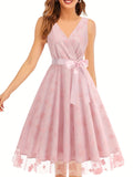 Stunning Floral Embroidered A-Line Tank Dress - Elegant Surplice Neck Sleeveless Party Dress for Women - Perfect for Banquet, Wedding, and Formal Occasions with Tie Waist Detail