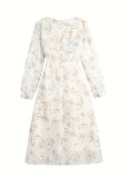 Chic Floral Print Surplice Neck A-line Vacation Dress - Women's Long Sleeve Dresses for Spring & Fall - Comfortable, Relaxed Fit, V-Neck, Flared Hem, Perfect for Outdoor Activities